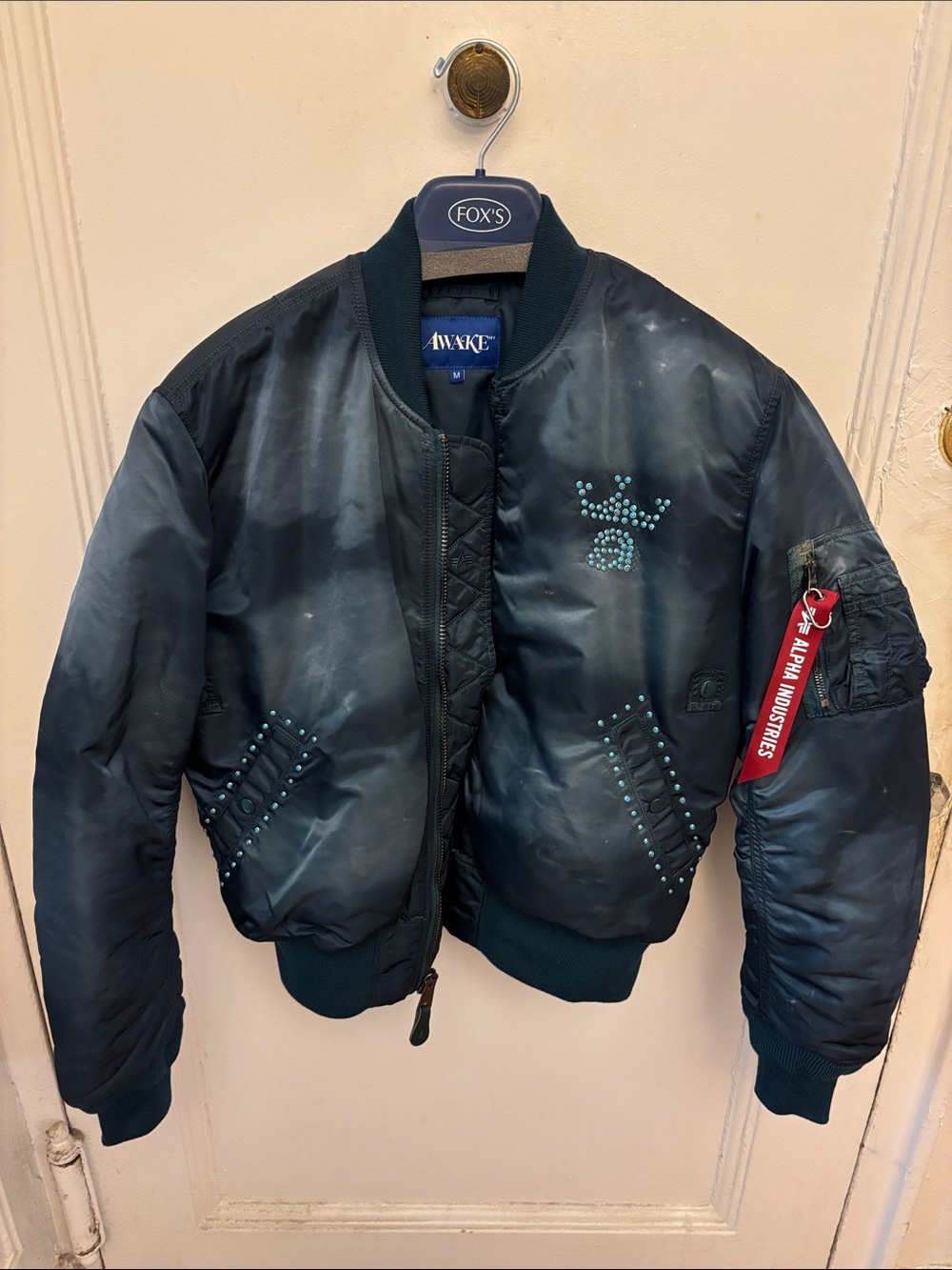 Awake NY Navy Bomber Jacket with Turquoise Stud Details